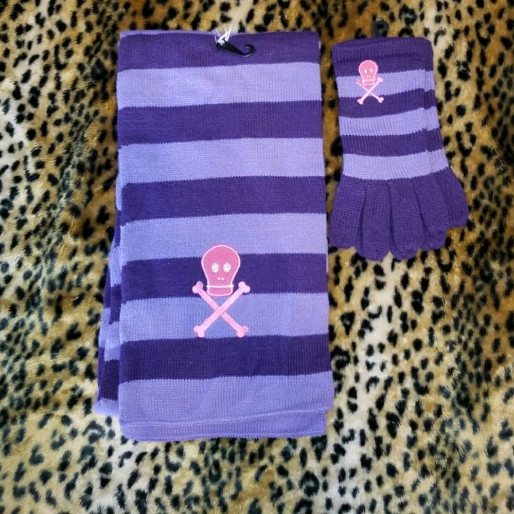 PINK GLITTER SKULL SCARF & Glove Set  PURPLE STRIPES Y2K HOT TOPIC VTG PUNK EMO